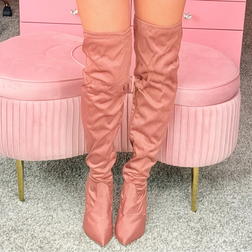 Blush Pink Satin Thigh High Heeled Boots Chic Block Heel Side Zip Stretch Fit